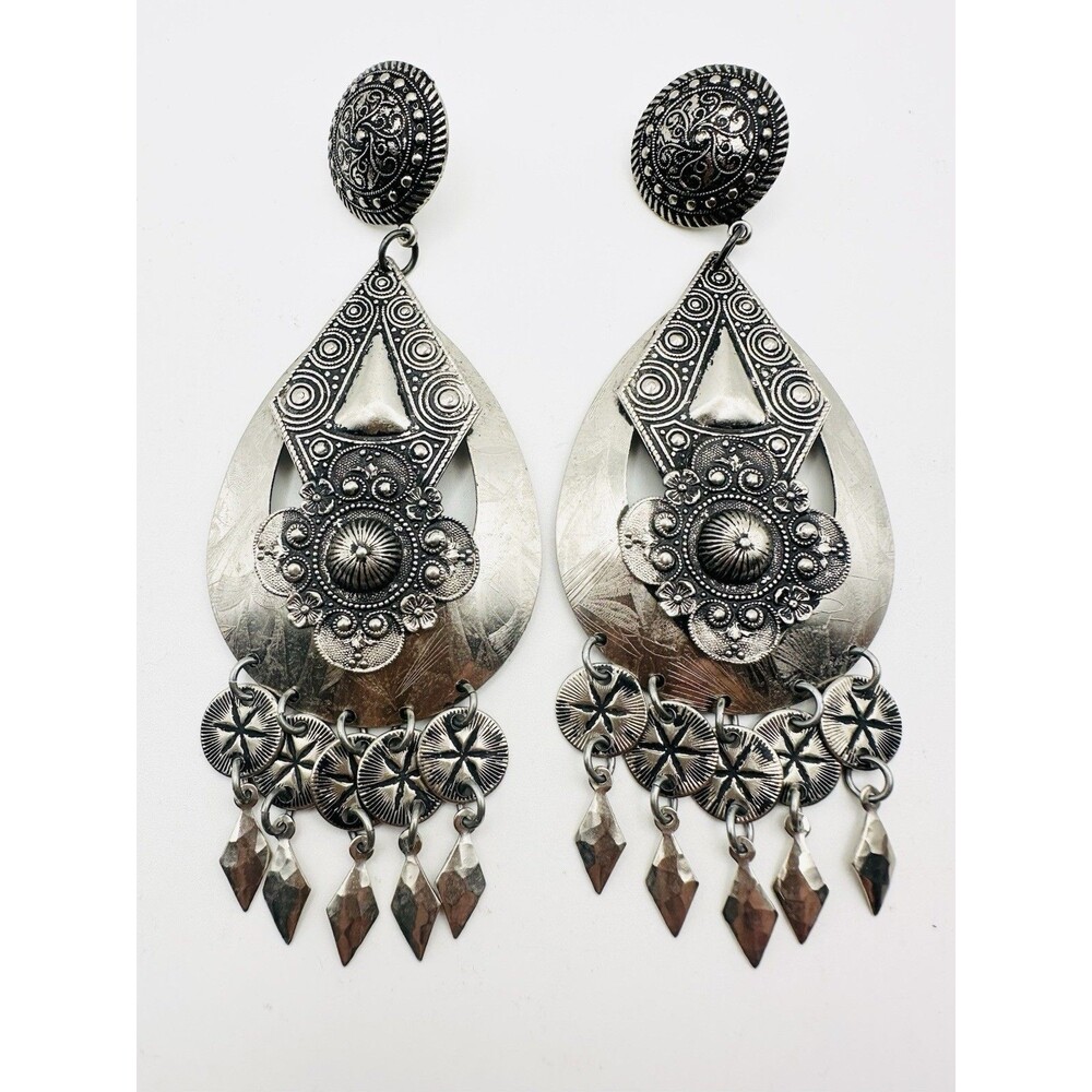 Vintage Silver Tone Boho Floral Tribal Dangle Festival Statement Earrings